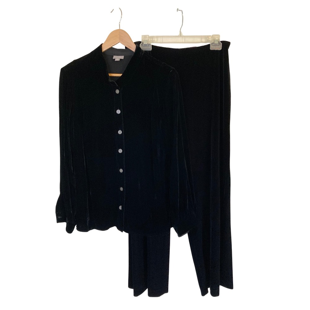 J. Jill Black Silk Blend Velvet‎ 2 Piece Set Button Top Straight Leg Pants LP M